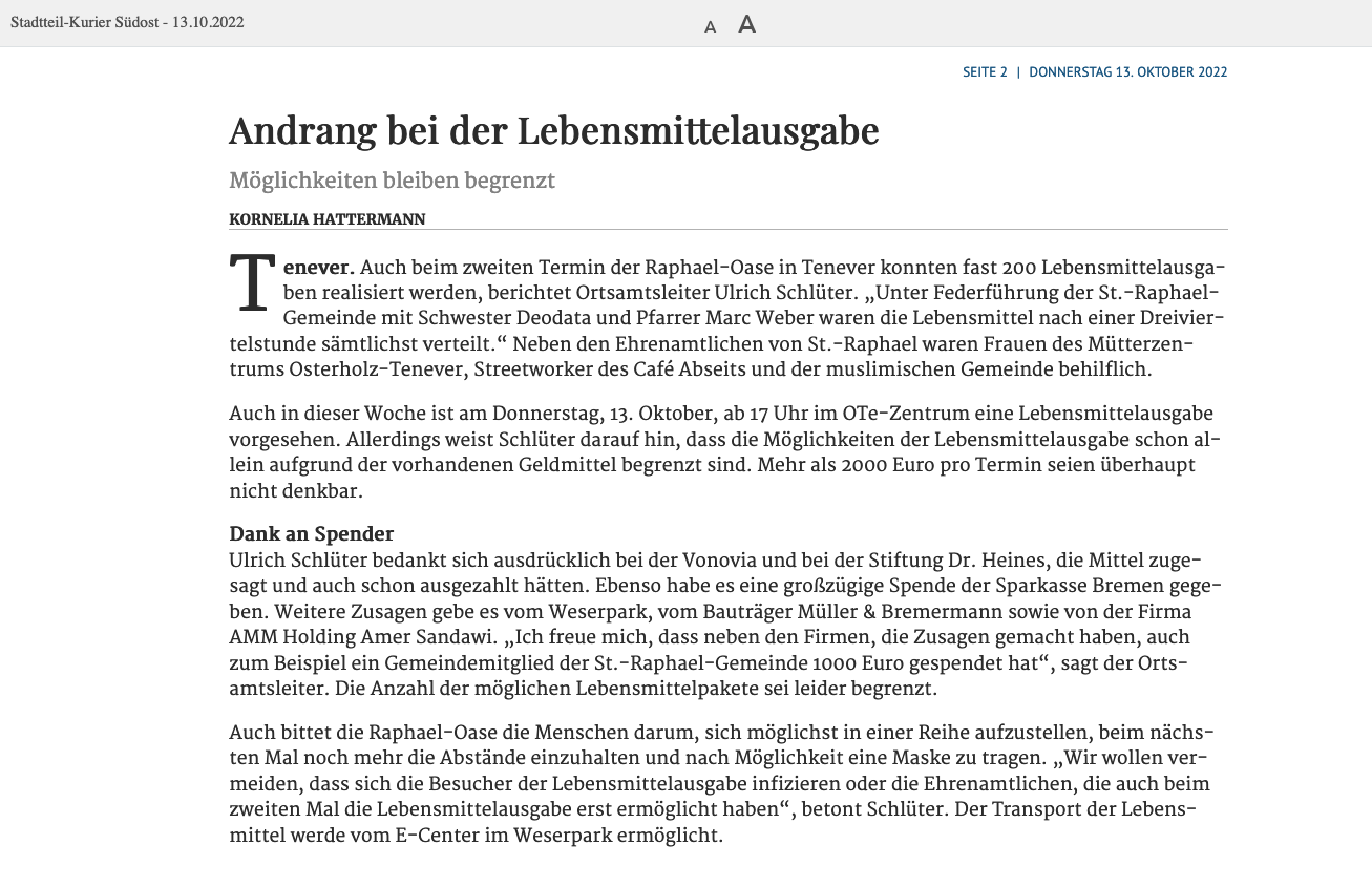 Weser-Kurier-Online: Andrang bei der Lebensmittelausgabe
