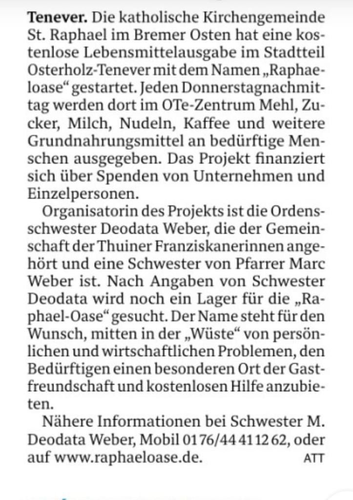 Weser-Kurier: RaphaelOase gestartet