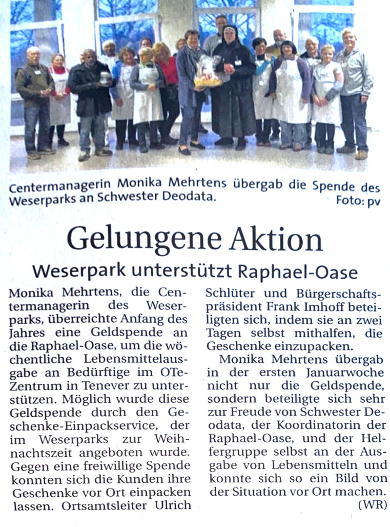 Weser-Kurier: Weserpark unterstützt RaphaelOase